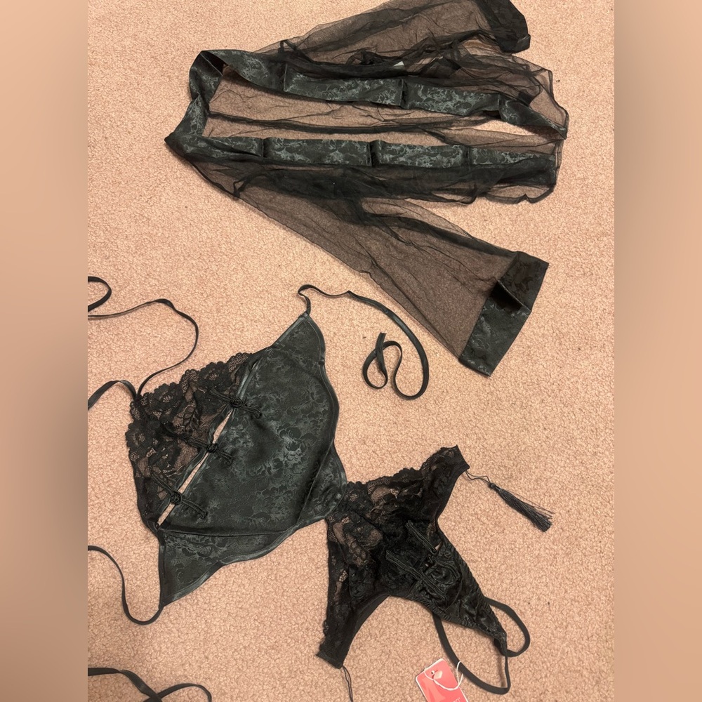 New small black bodysuit sheer robe satin lingerie set goth gothic lace satin